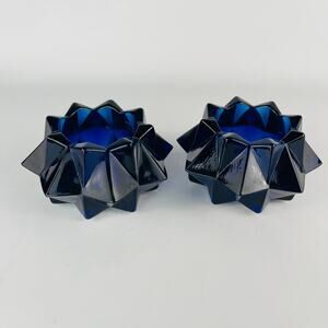 Indiana Glass Vintage Cobalt Blue Starburst Votive Candleholders Set of 2